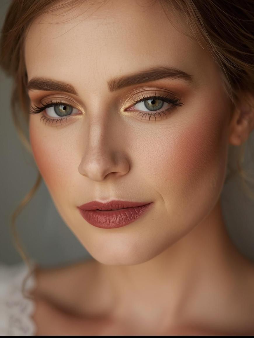 A close-up portrait of a woman with fair skin, blue eyes, and wavy, light brown hair. She has bold eyebrows, shimmery eyeshadow, winged eyeliner, and matte rose-colored lipstick. Her expression is calm and neutral.