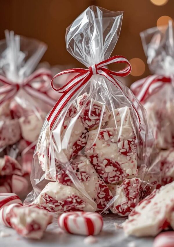 Clear gift bags filled with peppermint bark pieces are tied with red and white striped ribbons. Peppermint candies and more bark pieces are scattered around on a festive, blurred background.