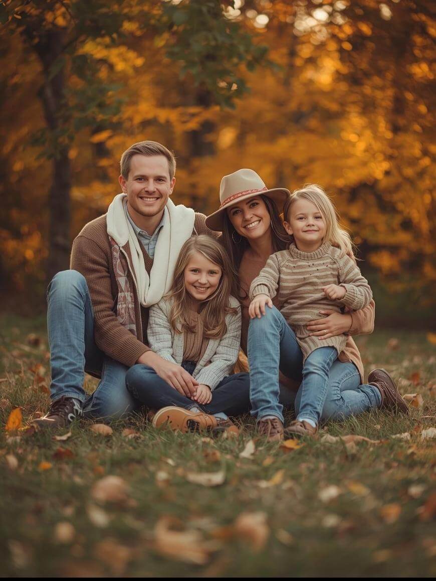 A family of four sits on grass in a park during autumn, surrounded by yellow-orange leaves. The parents are smiling behind their two young daughters, all casually dressed in fall clothing.