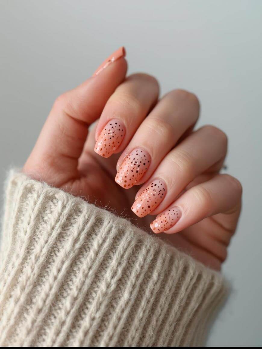 A hand with almond-shaped nails painted peach and decorated with small black polka dots, partially wrapped in a beige ribbed knit sweater.