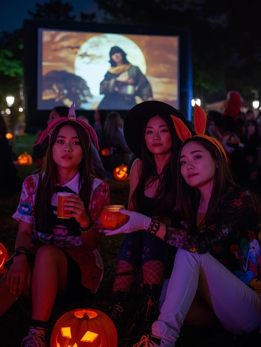 Three young women in Halloween costumes sit on grass holding drinks and pumpkins at an outdoor movie night, surrounded by glowing jack-o’-lanterns. A film is projected on a screen in the background.