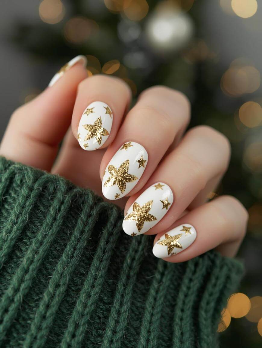 A hand with white nails featuring gold glittery stars, held against a green knitted sweater. The background is softly blurred with warm lights, creating a festive, holiday feel.
