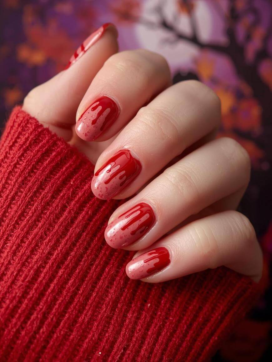 A hand with neatly manicured nails featuring red, dripping paint nail art, resembling blood. The person is wearing a red ribbed sweater and there’s a blurred floral background.