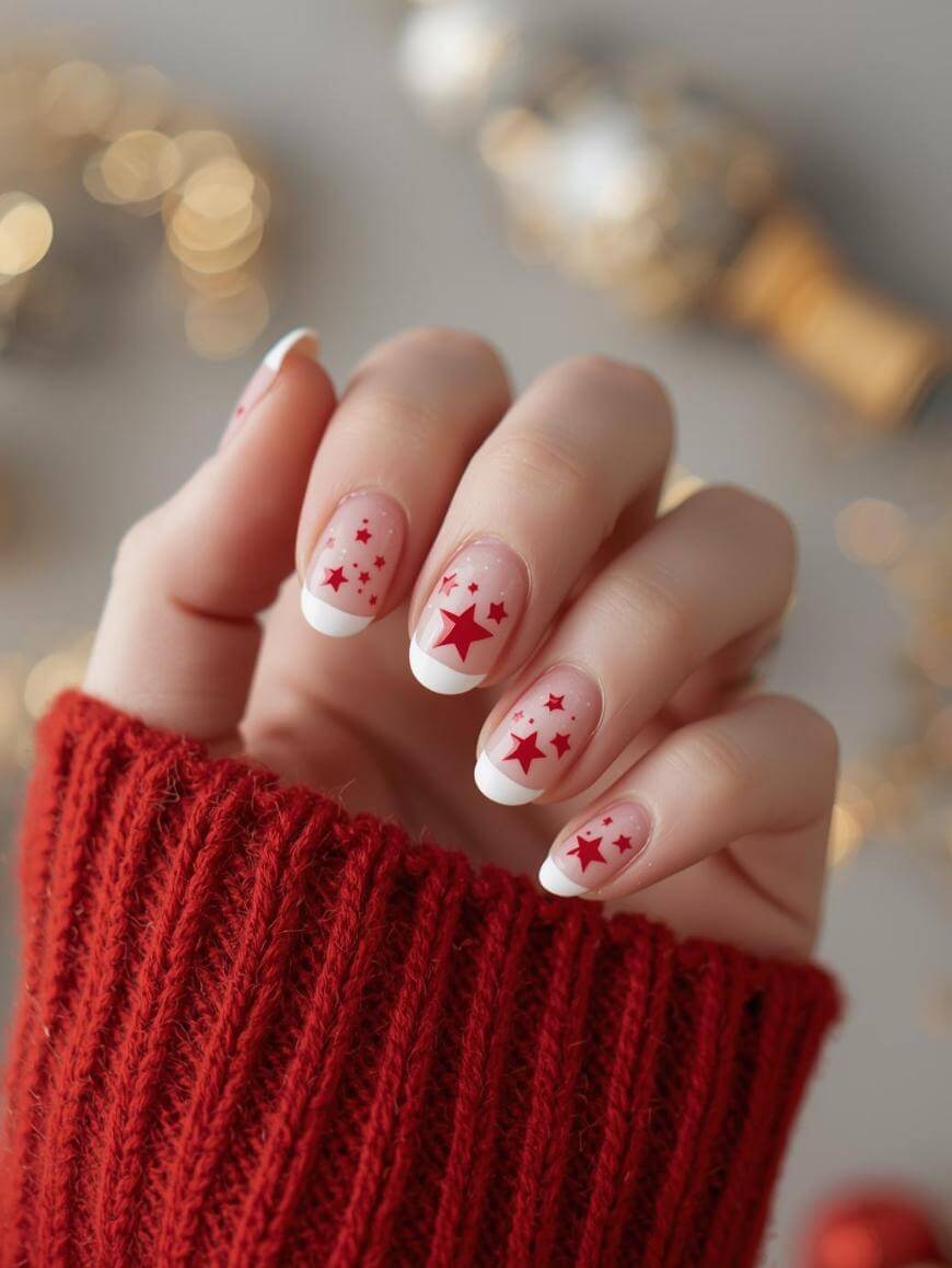 A hand with a red sweater sleeve shows nails with a French manicure and red star designs of various sizes on each nail. The background is softly blurred with gold and cream tones.
