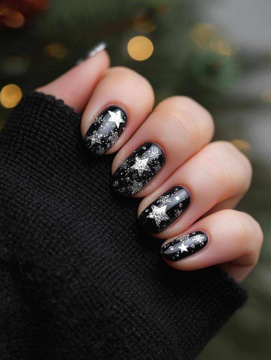 A hand with black nail polish featuring silver glitter and white star designs. The person is wearing a black knit sweater, and the background is softly blurred with warm, festive lights.
