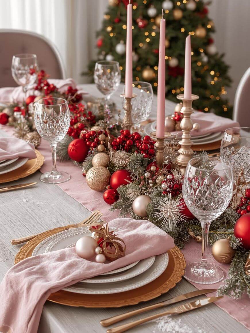 Elegant Christmas table setting with gold-rimmed plates, crystal glasses, pink napkins, and festive centerpieces of red and gold ornaments, candles, and greenery. A decorated Christmas tree is visible in the background.