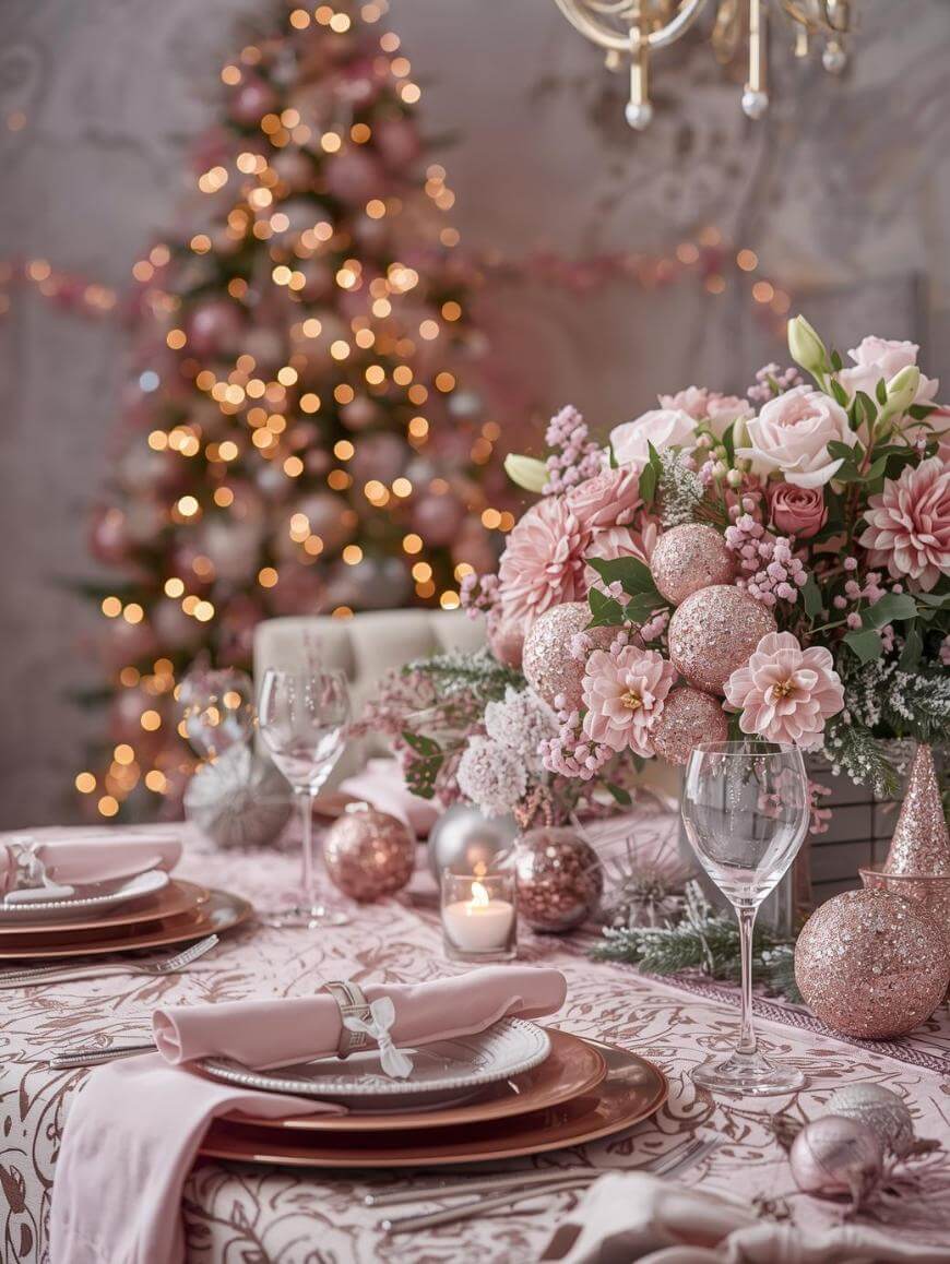 Elegant holiday table set with pink and gold decorations, floral centerpieces, candles, and glassware. A decorated Christmas tree with warm lights is in the softly blurred background.