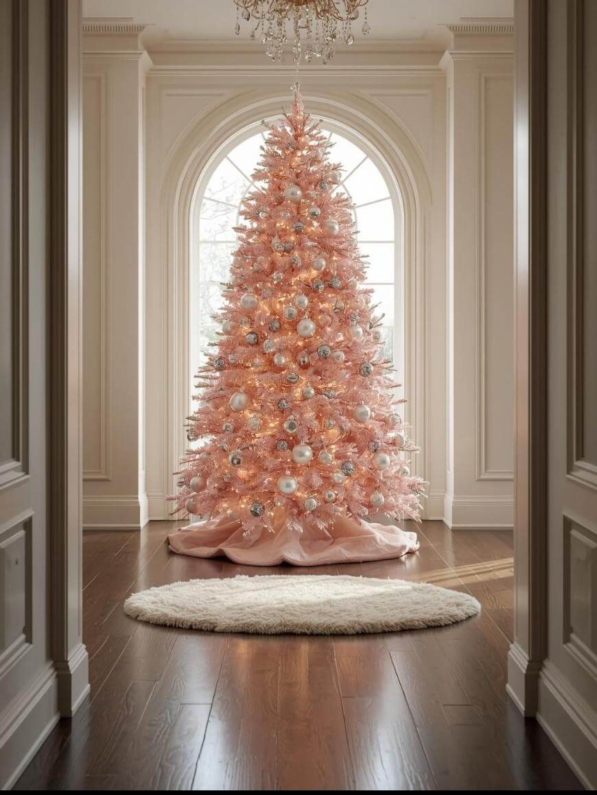 A pink Christmas tree decorated with white and silver ornaments stands in front of a large arched window, with a chandelier overhead and a round white rug on the dark wooden floor.