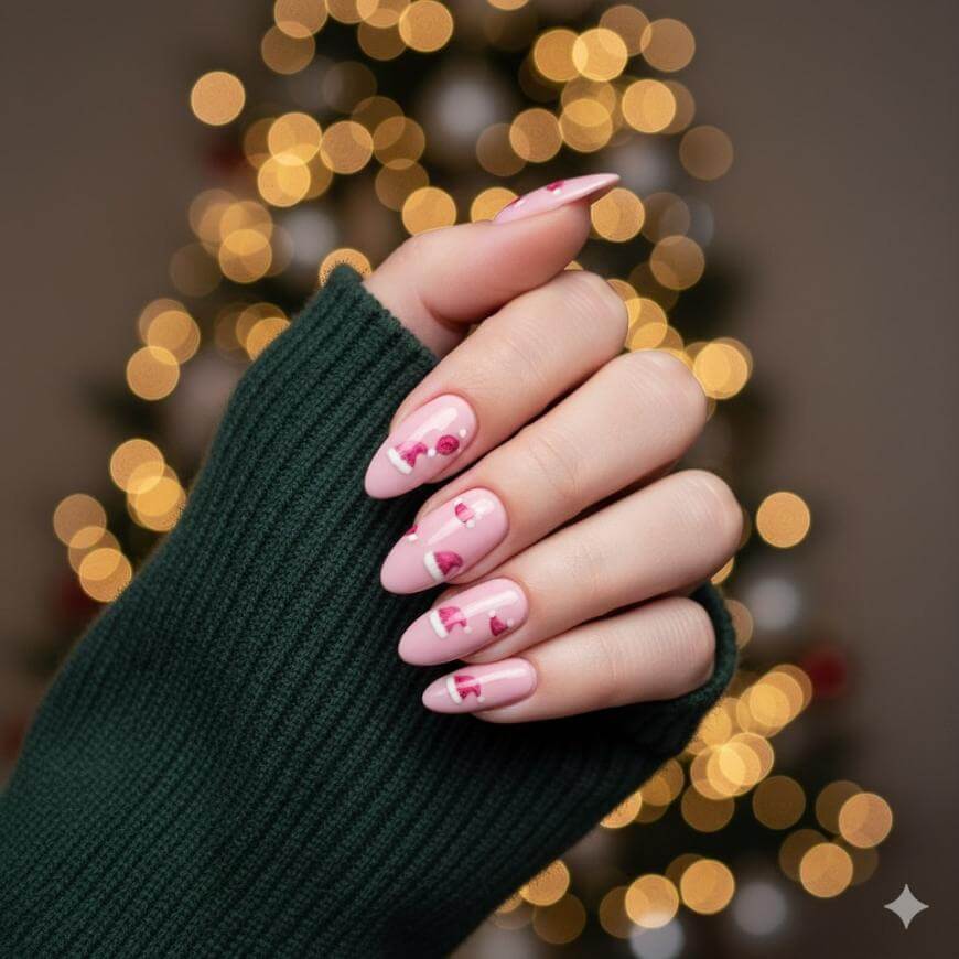 A hand with long, almond-shaped pink nails featuring small red gift box designs, partially covered by a dark green sweater sleeve. Blurred Christmas tree lights glow in the background.