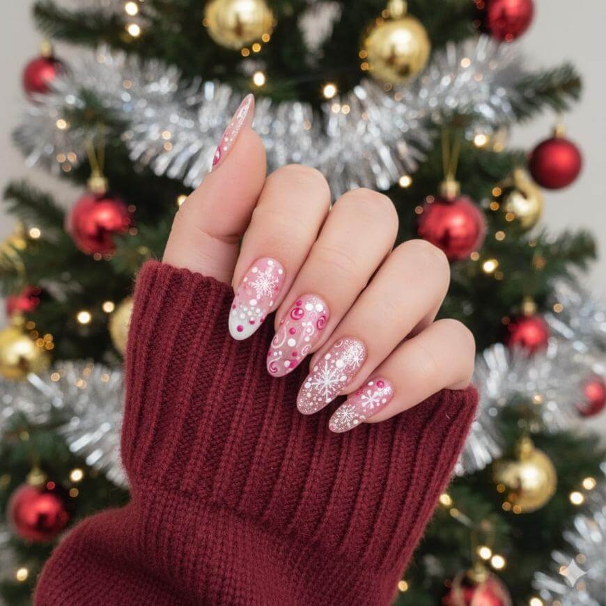 A hand with long, festive pink and white Christmas-themed nail art, featuring snowflakes and swirls, is held up in front of a decorated Christmas tree with red and gold ornaments and silver tinsel.