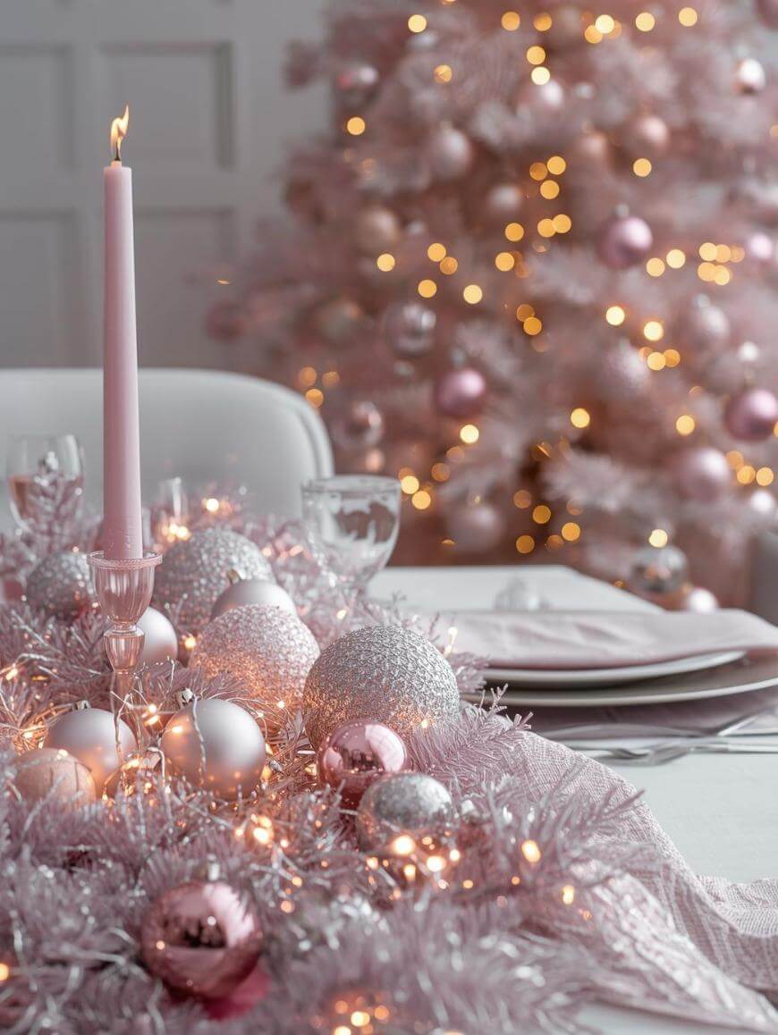 A festive table is decorated with pink and silver ornaments, tinsel, and a lit pink candle. In the background, a pink Christmas tree with glowing lights and matching ornaments creates a warm, elegant holiday scene.