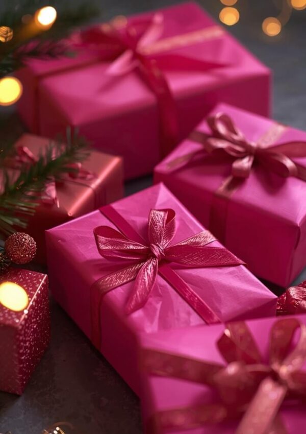 Several pink gift boxes with shiny ribbons are arranged on a surface near a Christmas tree branch and festive lights, creating a cheerful holiday atmosphere.