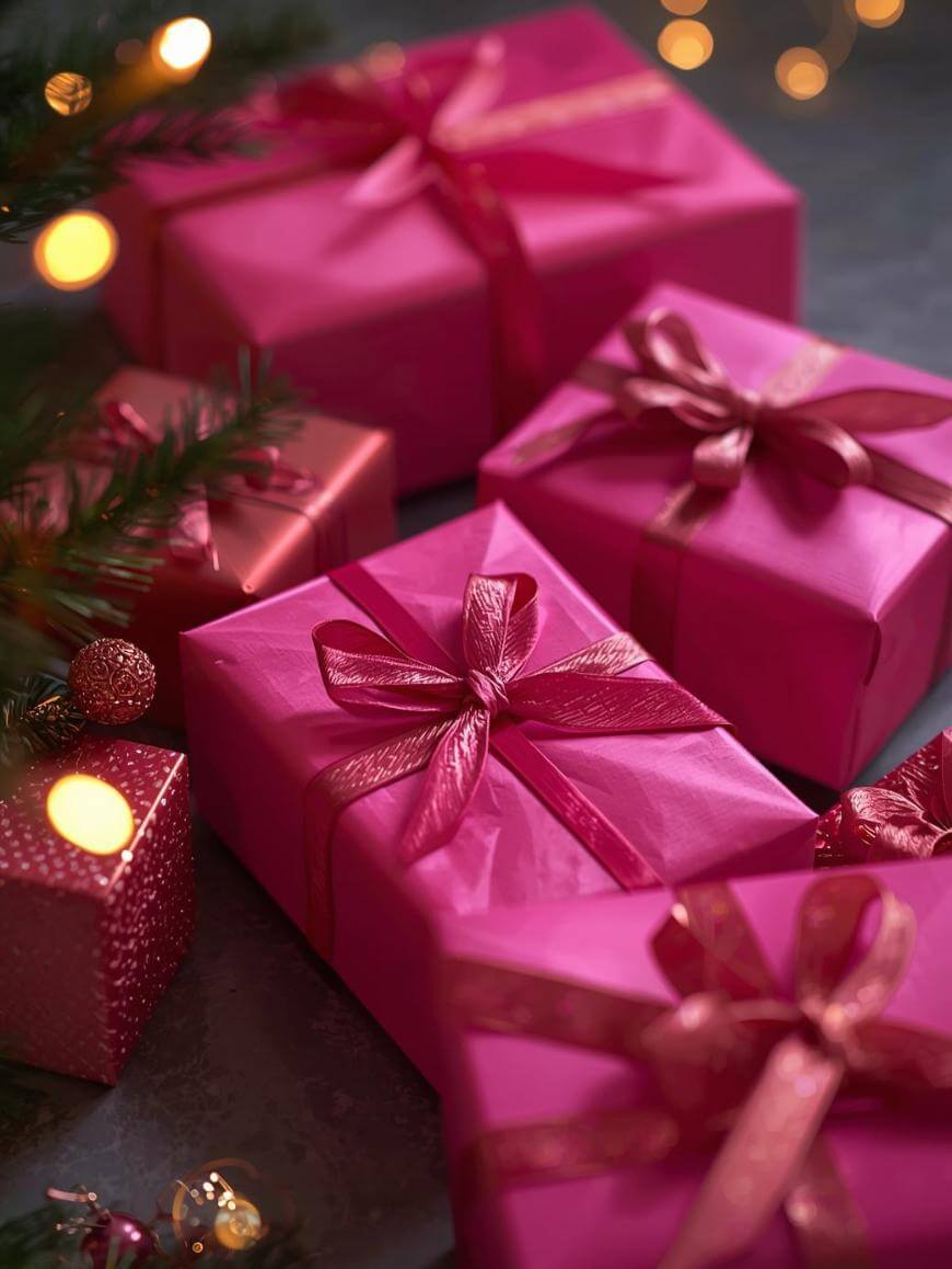 Several pink gift boxes with shiny ribbon bows are arranged together near a Christmas tree branch, decorated with baubles and glowing string lights, creating a festive holiday atmosphere.
