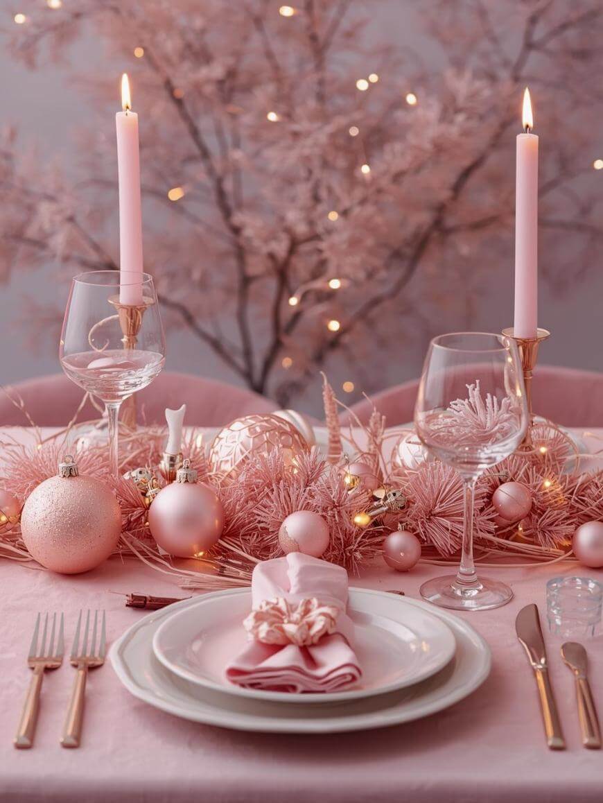 A pink-themed holiday table setting with pink candles, ornaments, and napkins. Plates and wine glasses are arranged neatly, with festive pink decorations and twinkling lights in the background.