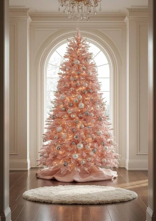 A tall, pink Christmas tree decorated with silver and white ornaments stands in front of a large arched window in an elegant, sunlit room with white walls, wooden floors, and a round, white rug.