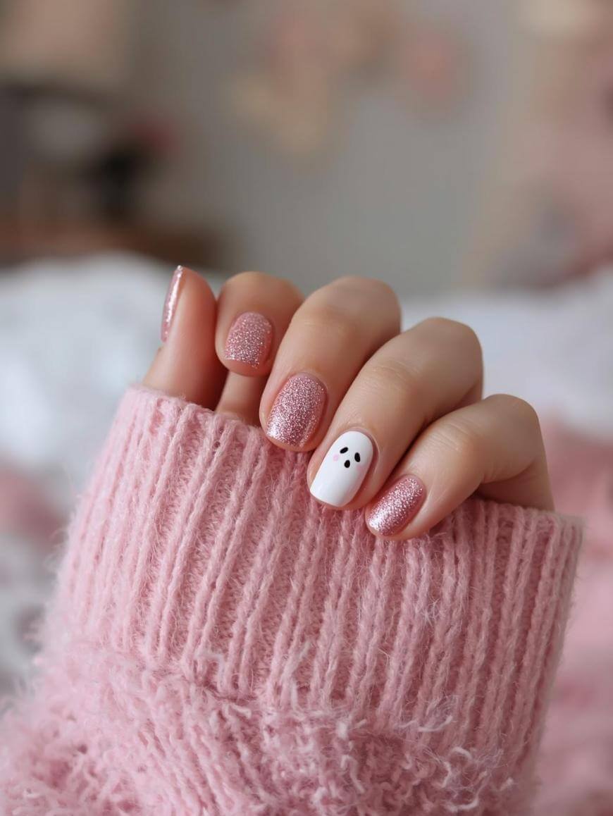 A hand in a pink knitted sweater shows nails painted with pink glitter polish, except the ring finger, which is painted white with a minimalist black face design.