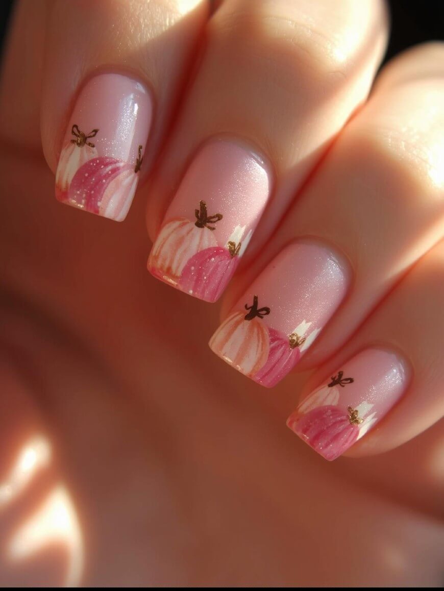 Close-up of a hand with nails painted in a soft pink shade, featuring delicate designs of pink and white pumpkins and small gold butterflies on each nail.