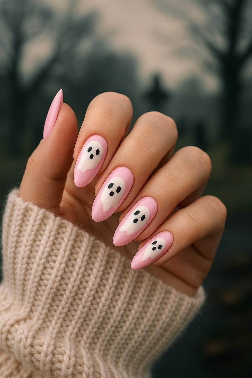 A hand with long, almond-shaped pink nails, each featuring a cute white ghost design with black eyes and mouth. The person is wearing a cream knitted sweater, and the background is blurry and outdoors.