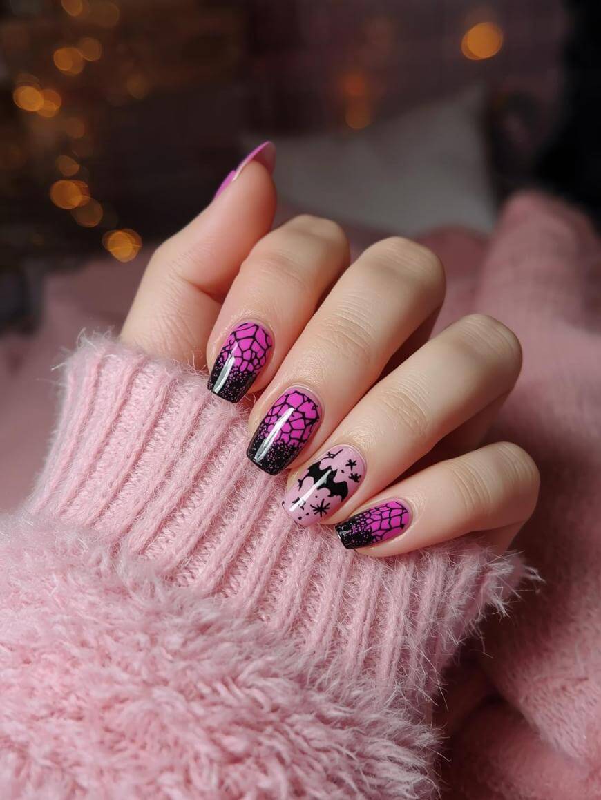 A hand with long, almond-shaped nails painted pink with black spiderweb, spider, and bat designs, wearing a fluffy pink sweater against a soft, blurred background.