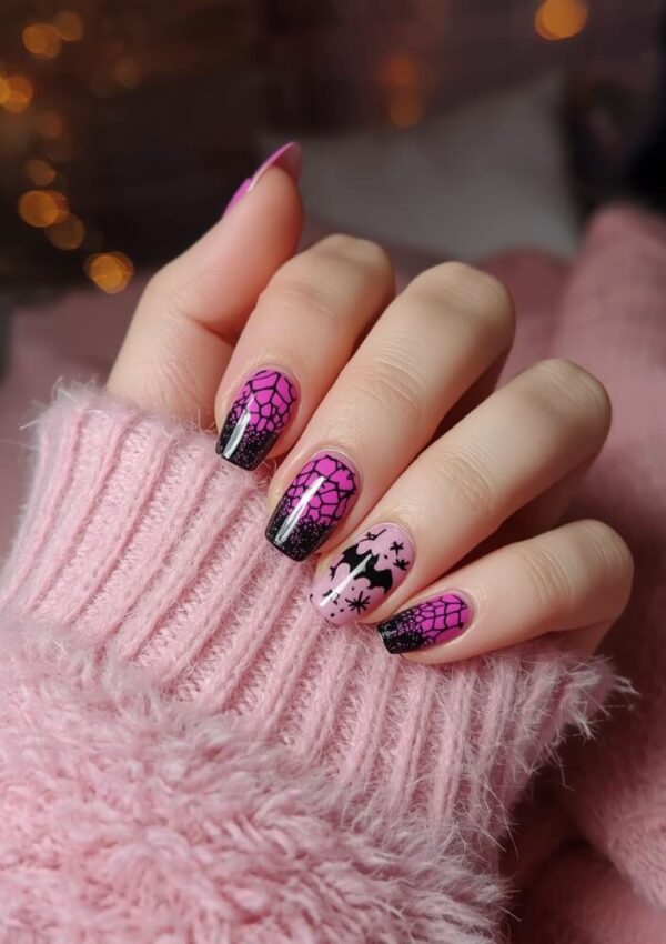 A hand with long, almond-shaped nails painted in pink and black Halloween-themed designs, including spider webs, bats, and stars. The person is wearing a fuzzy pink sweater.