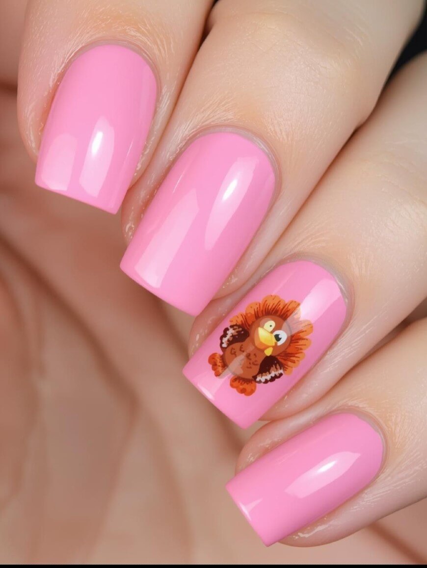 A hand with glossy pink nail polish; the ring fingernail features a cute cartoon turkey with orange feathers and a brown body.