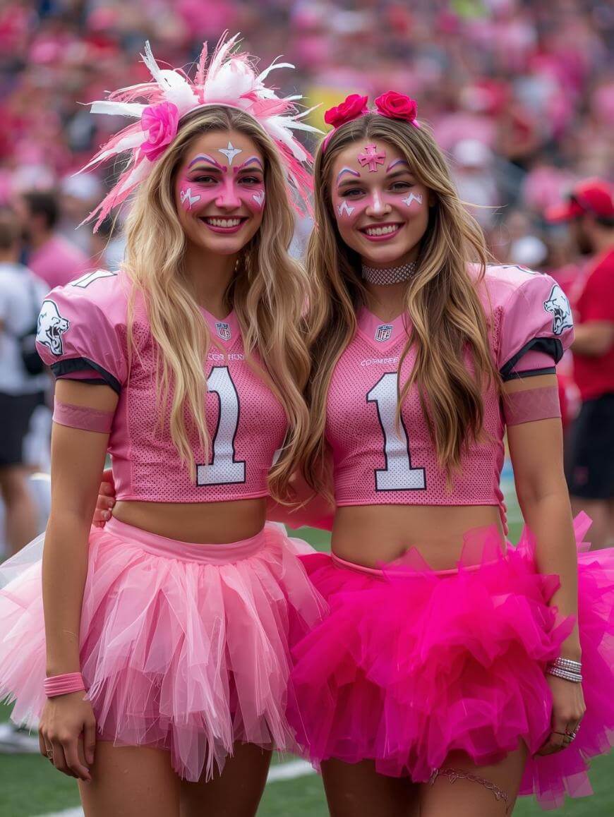 Two women at a football game wear pink tutus, crop-top jerseys with the number 11, and face paint. They smile, standing close together, with festive headbands and a crowd in the background.