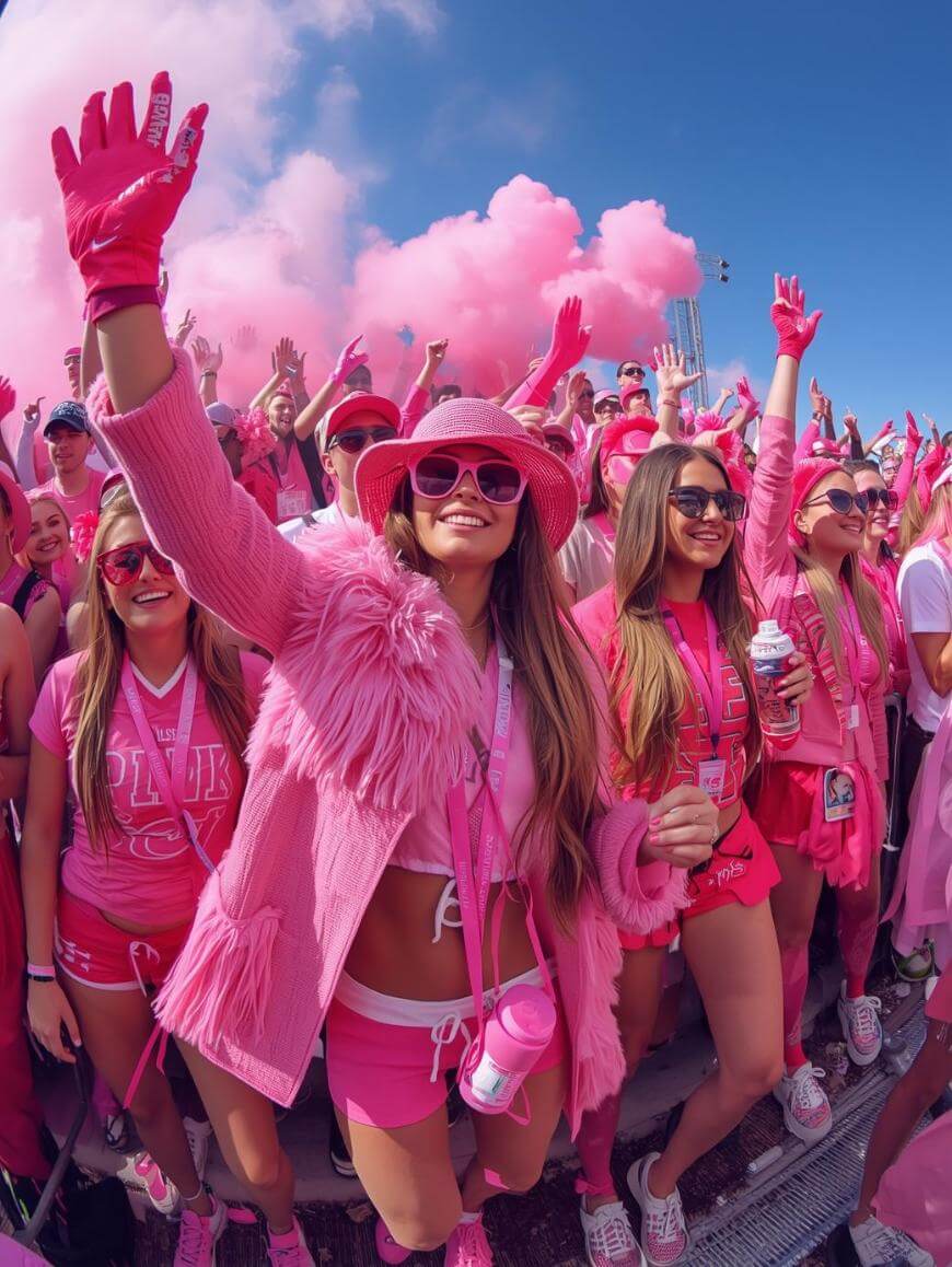 A crowd of excited young women dressed in bright pink clothing and accessories cheer at an outdoor event, with pink smoke in the background and a clear blue sky above.