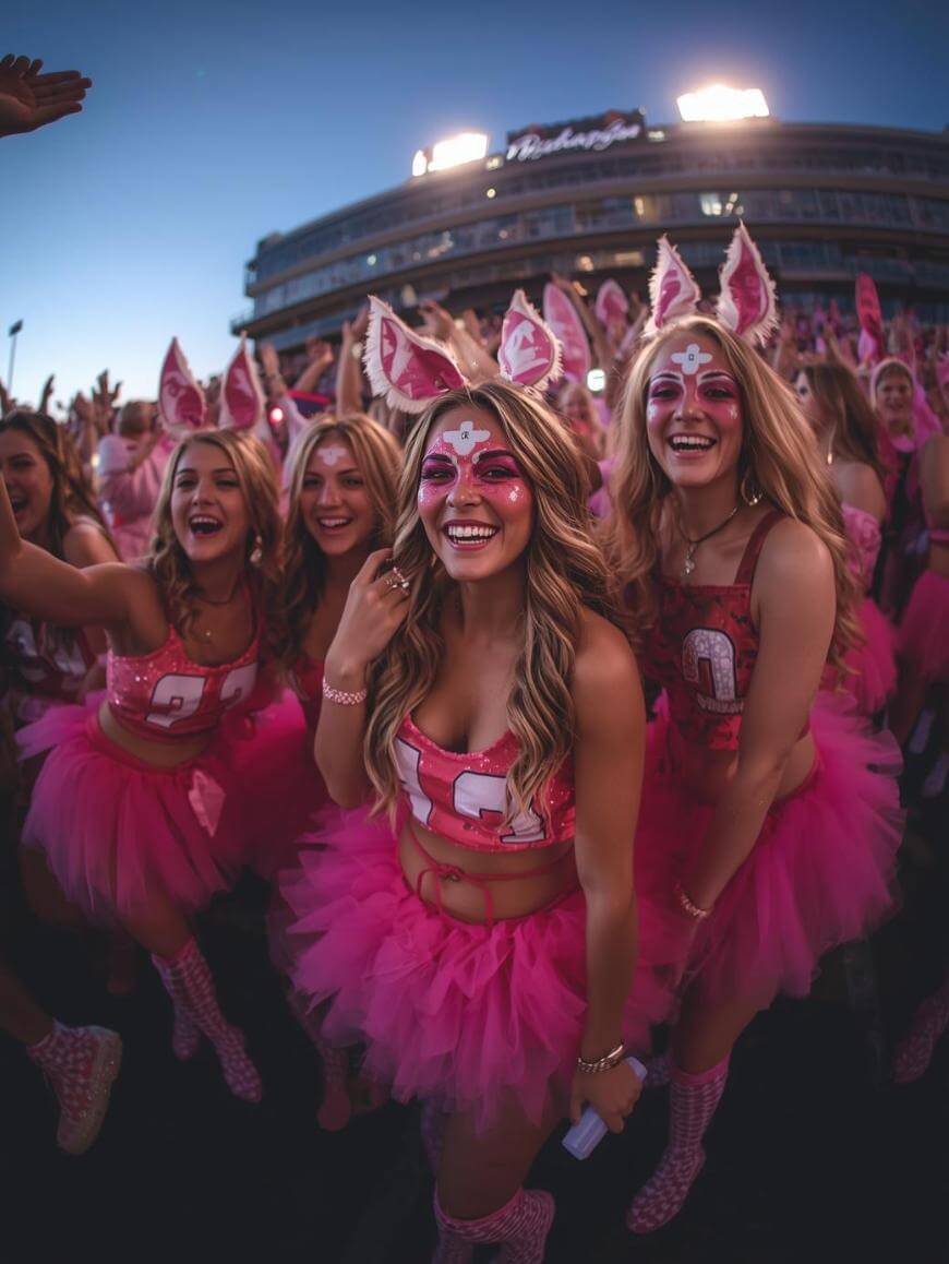 A group of young women dressed in matching pink tutus, crop tops, and bunny ears smile and pose at an outdoor stadium event, surrounded by a lively crowd in similar outfits.
