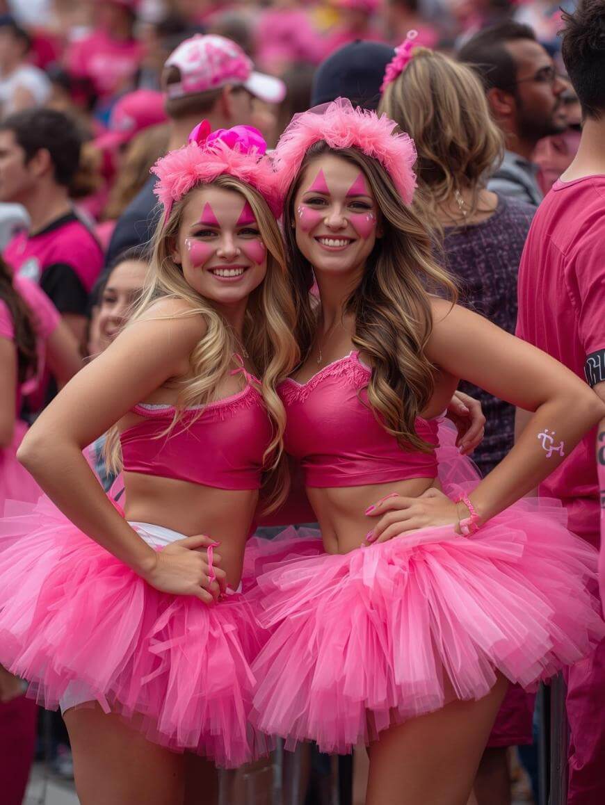 Two women wearing bright pink tutus, crop tops, and festive accessories smile and pose together in a lively crowd, with many people also dressed in pink in the background.