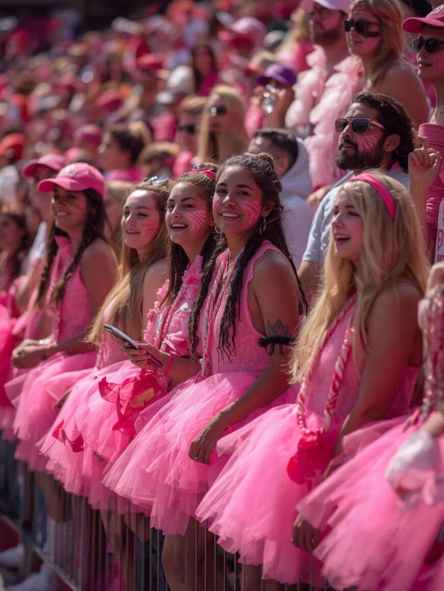 A group of young women wearing pink tutus and accessories stand in a lively, crowded stadium, smiling and cheering with other fans, all dressed in pink to show support for a team or cause.