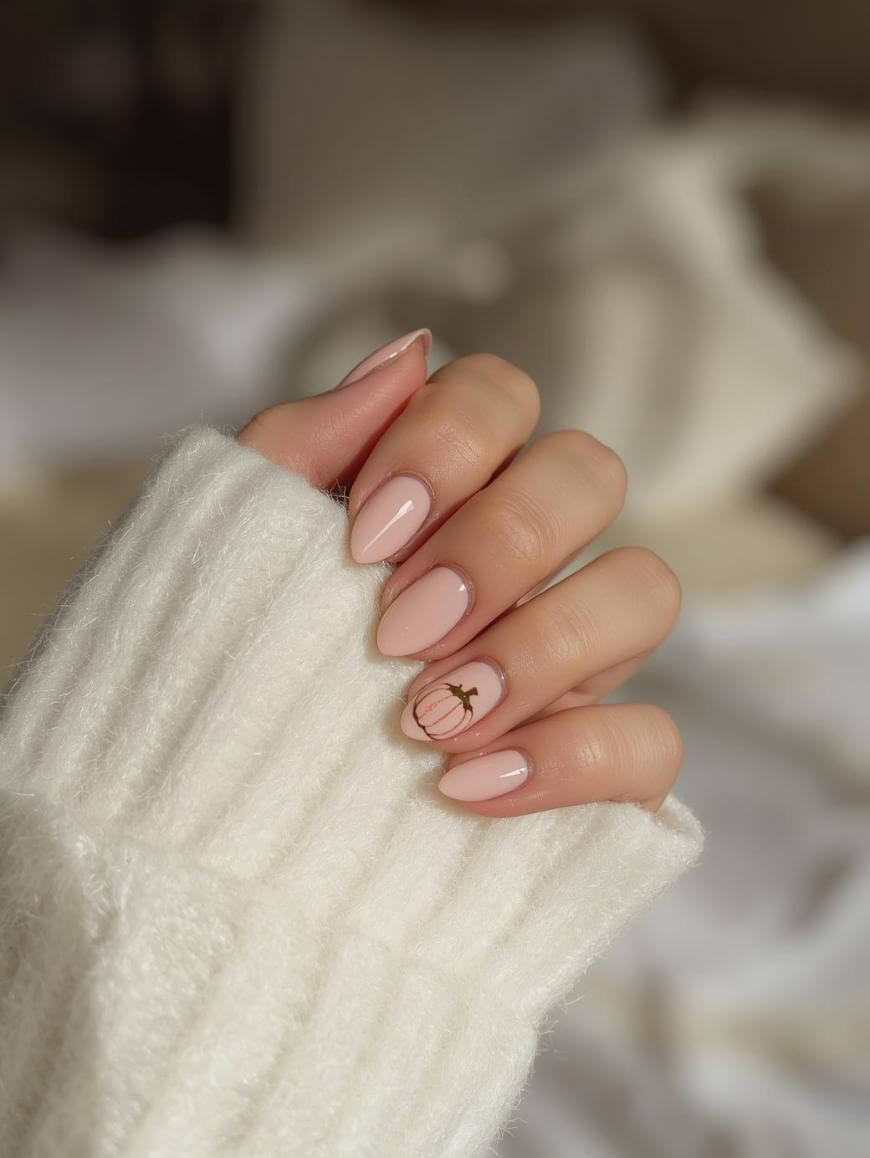 A hand with almond-shaped, nude pink nails, one featuring a minimalist brown palm tree design, is shown partially covered by the sleeve of a soft, white, ribbed sweater.