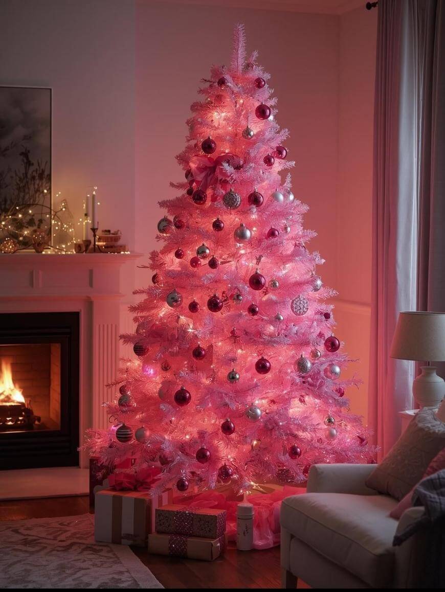 A pink Christmas tree decorated with pink and silver ornaments and lights stands in a cozy living room near a fireplace, with wrapped gifts underneath and soft lighting illuminating the scene.