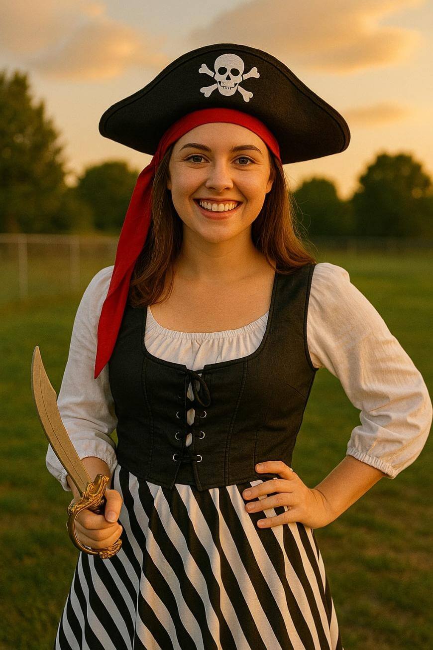A woman dressed as a pirate, wearing a striped skirt, black corset, white blouse, skull-and-crossbones hat, and red headscarf, smiles while holding a toy sword outdoors at sunset.