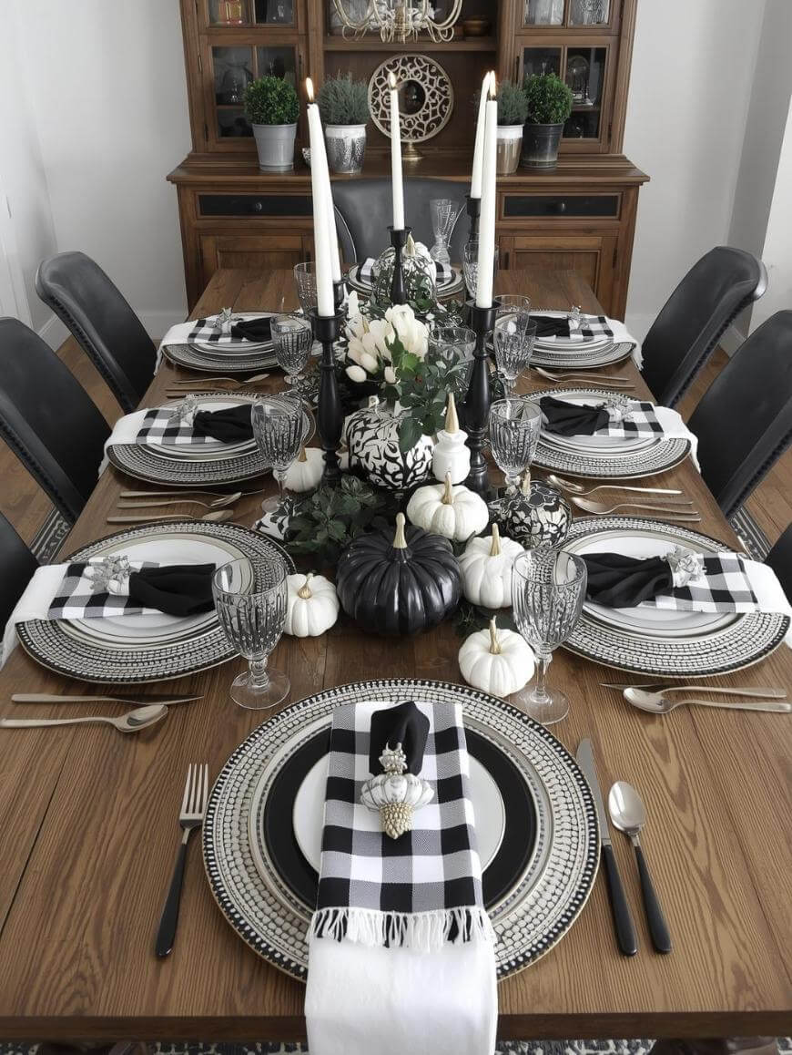 A wooden dining table set for six with black and white plaid napkins, patterned plates, silver cutlery, goblets, white and black pumpkins, white flowers, and tall white candles as a centerpiece.