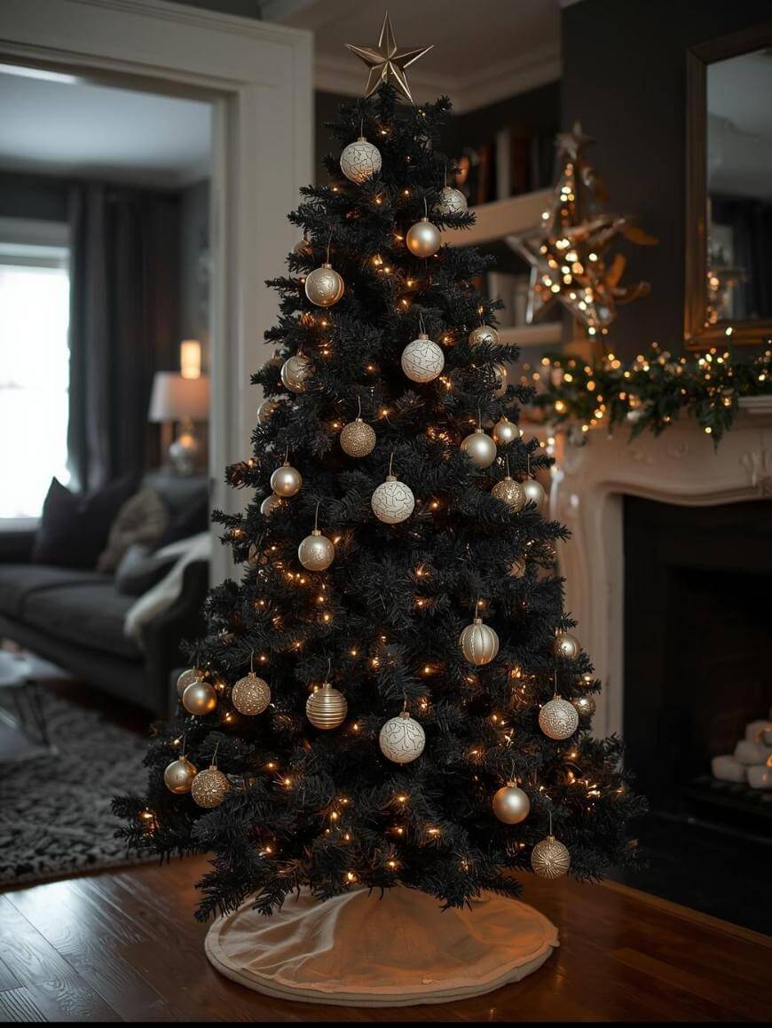 A black Christmas tree decorated with gold baubles and warm white lights stands in a cozy living room, near a white fireplace adorned with garlands and a golden star. Natural light enters from a window in the background.