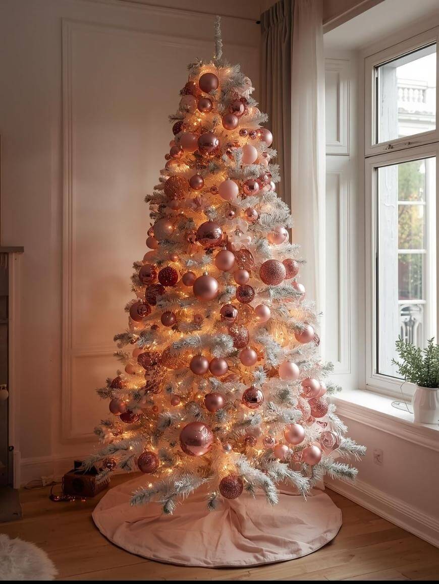 A white Christmas tree decorated with pink and rose gold ornaments and warm white lights stands by a large window in a softly lit room with light-colored walls and hardwood floors.