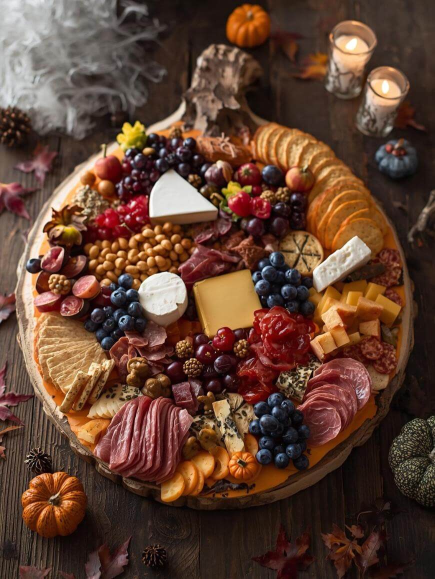 A round wooden board topped with assorted cheeses, meats, crackers, fruits, nuts, and jams, surrounded by autumn leaves, small pumpkins, and two lit candles, evoking a cozy fall atmosphere.