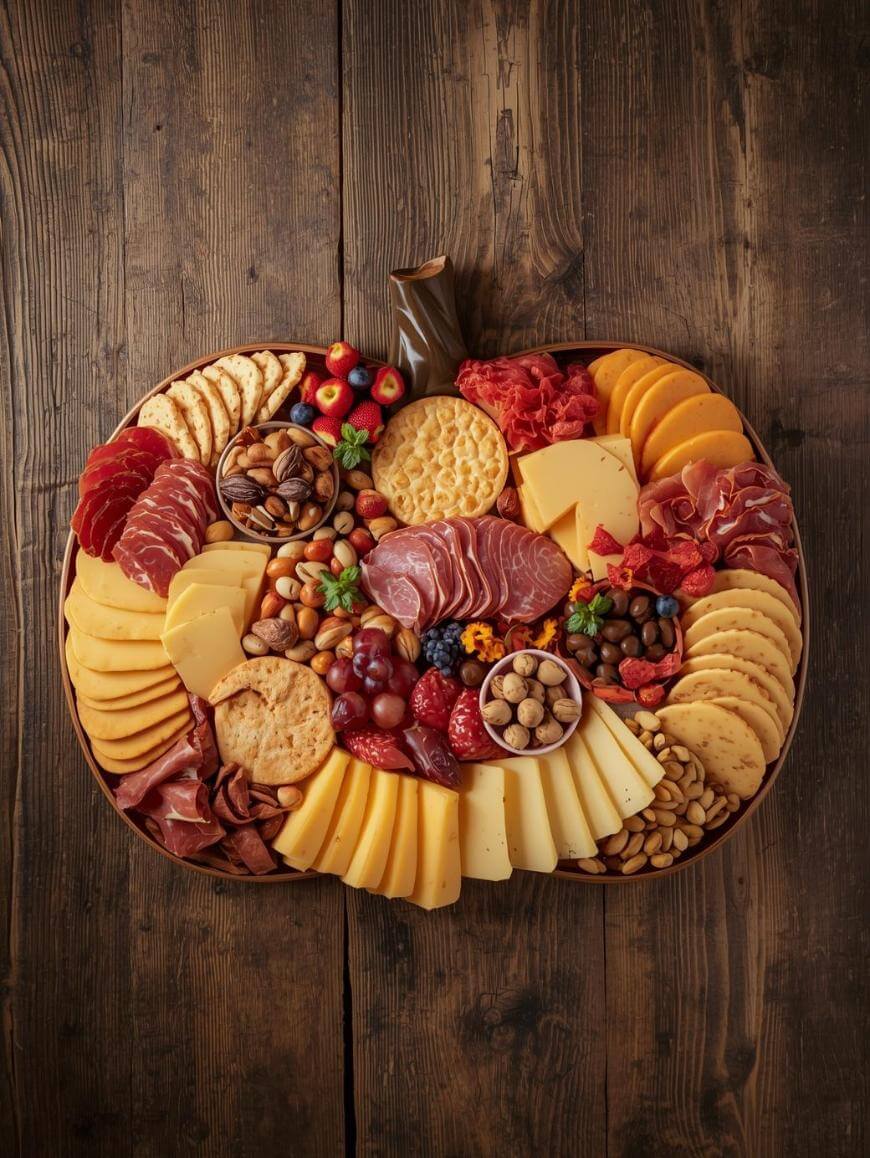 A charcuterie board arranged in the shape of a pumpkin, featuring assorted cheeses, meats, crackers, nuts, berries, and grapes, set on a rustic wooden table.