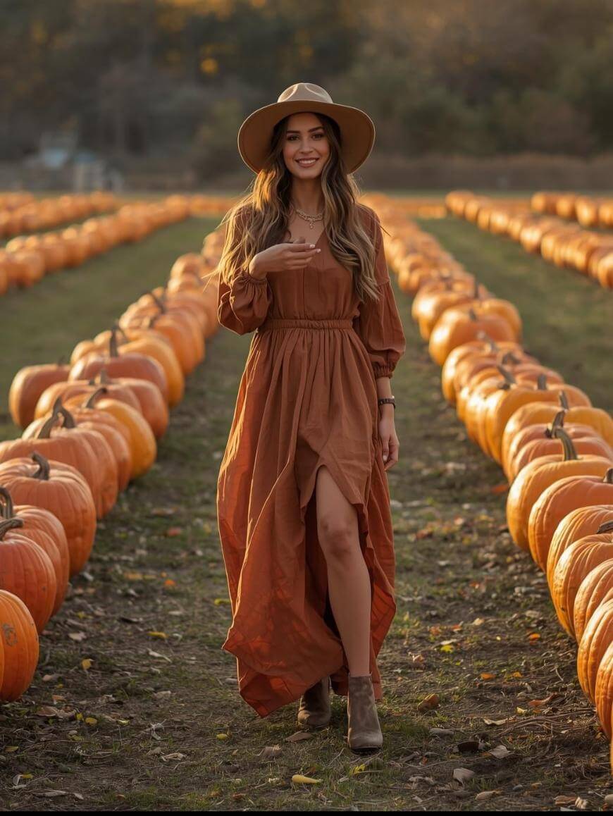 A woman in a long, brown dress and wide-brimmed hat walks between rows of pumpkins in a pumpkin patch, smiling. The scene is outdoors with warm, autumnal lighting.