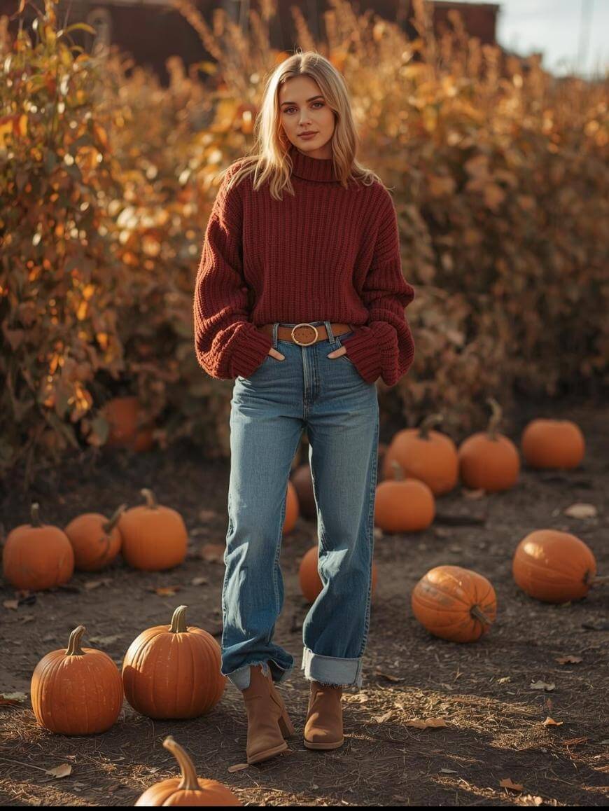 A woman stands outdoors among scattered pumpkins, wearing a maroon sweater, cuffed blue jeans, a brown belt, and tan boots. Autumn leaves and corn stalks are visible in the background.