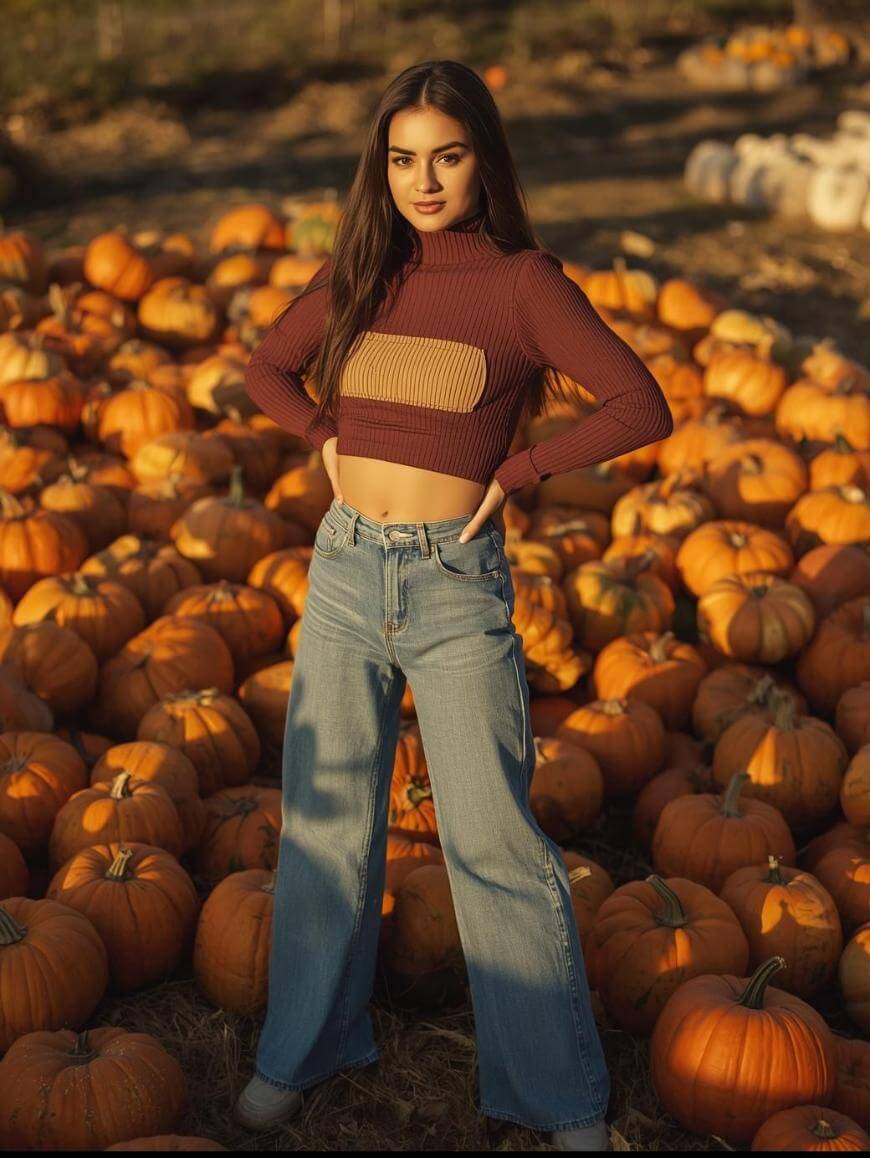 A woman stands confidently among numerous orange pumpkins in a pumpkin patch, wearing a maroon and tan cropped sweater and wide-leg jeans, with her hands on her hips, under warm golden sunlight.