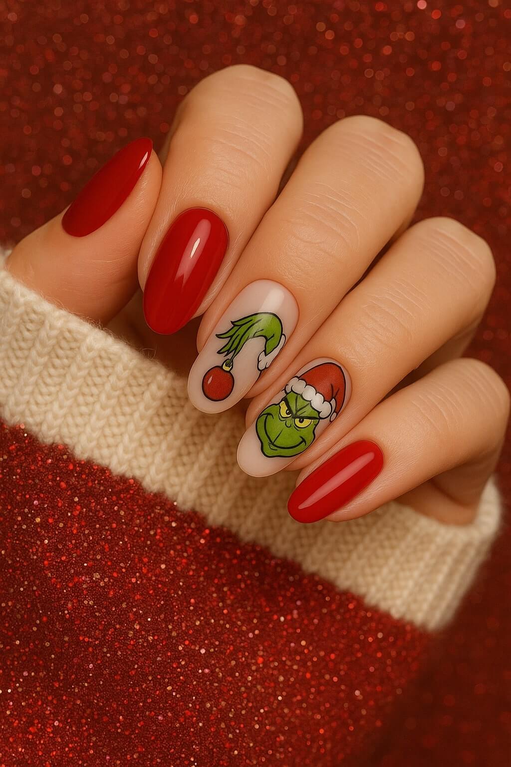 A hand with festive red nails; two accent nails show holiday nail art with the Grinch’s face in a Santa hat and the Grinch’s hand holding a red ornament. The person wears a red and white sweater.