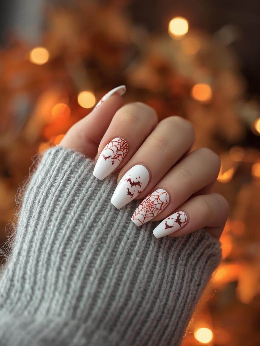A hand with long, white, coffin-shaped nails featuring red spiderweb and bat designs, partially covered by a gray knit sweater. The background is blurred with warm orange lights.