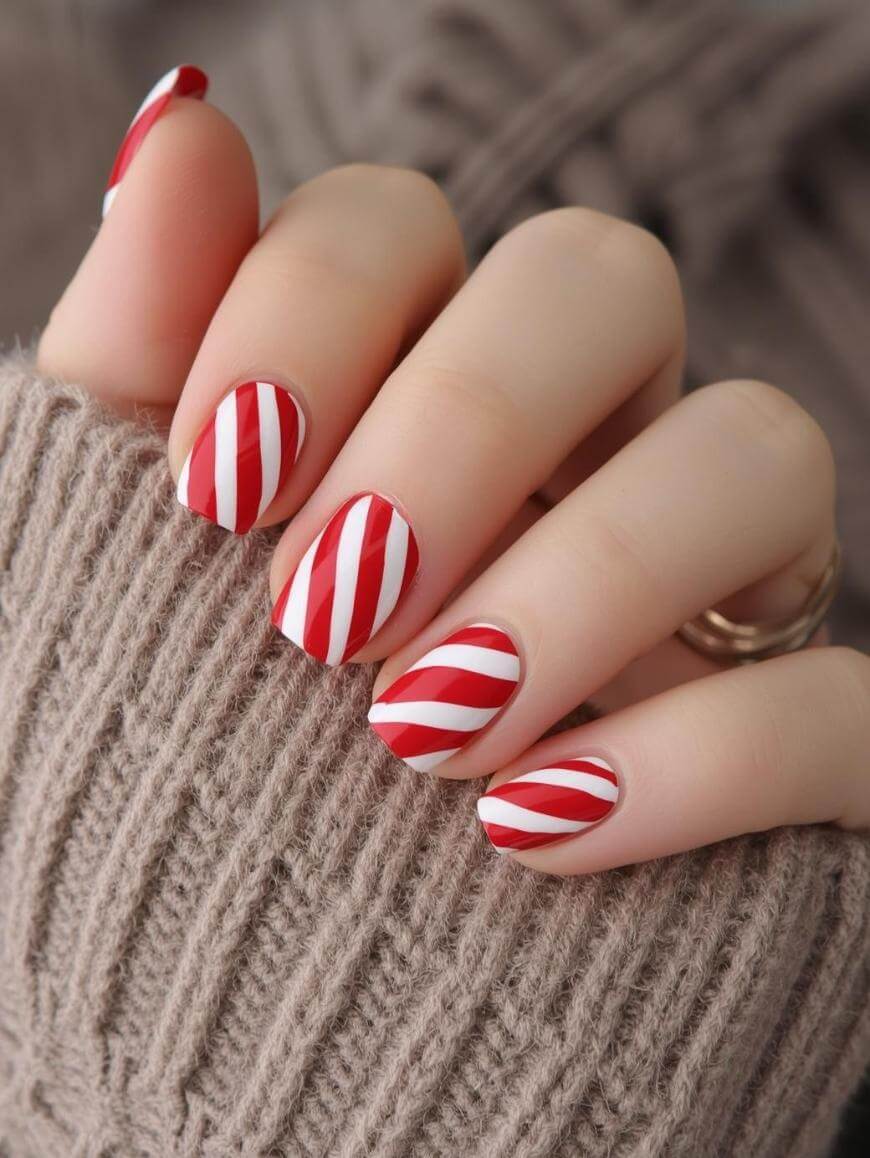 A hand with red and white diagonal striped nails resembling candy canes, partially covered by a beige knitted sweater.