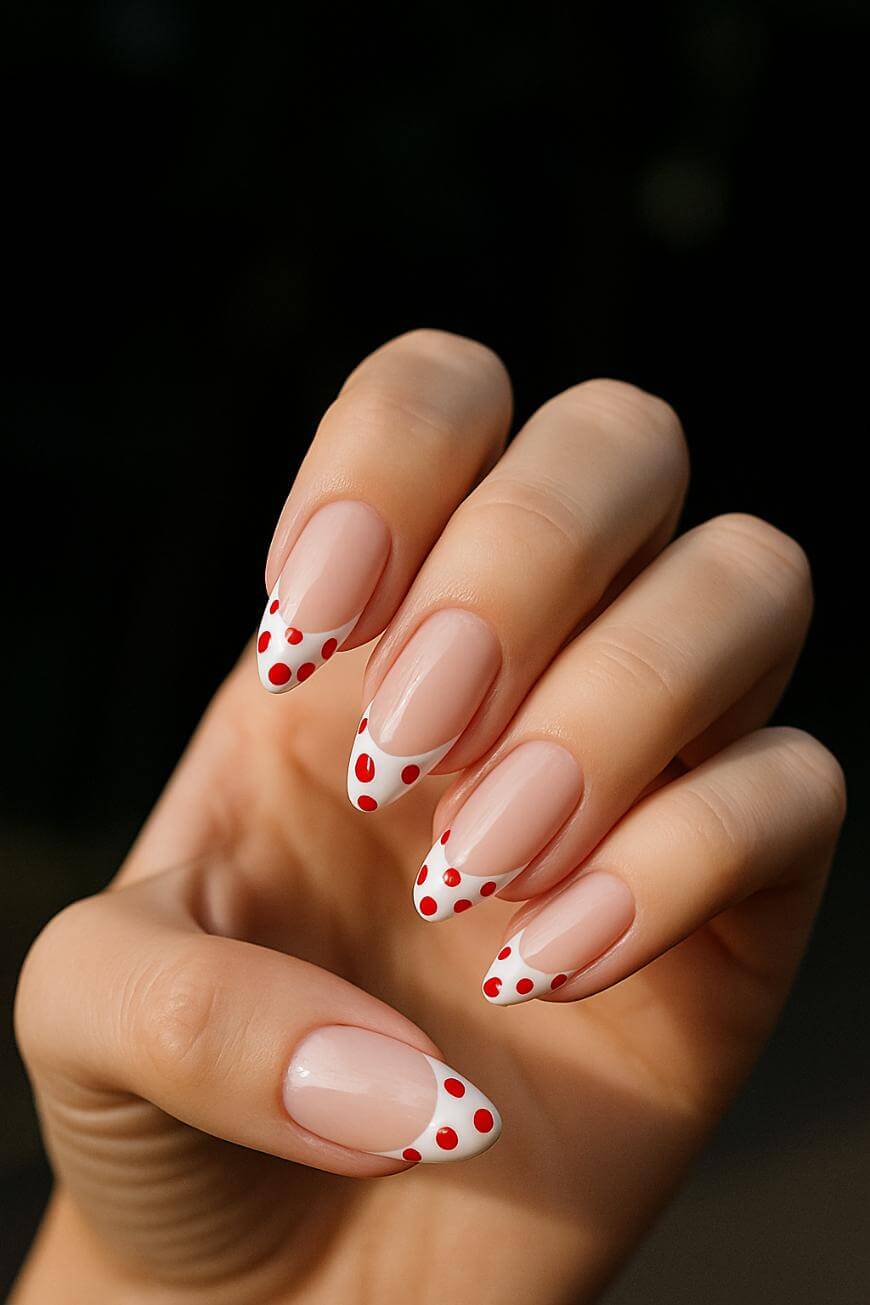 A hand with almond-shaped nails featuring a French manicure with white tips and red polka dots over a natural pink base.