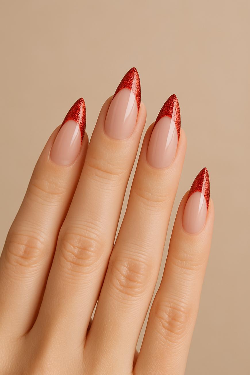 A hand with long almond-shaped nails, painted with a nude base color and red glittery tips. The background is a soft beige.