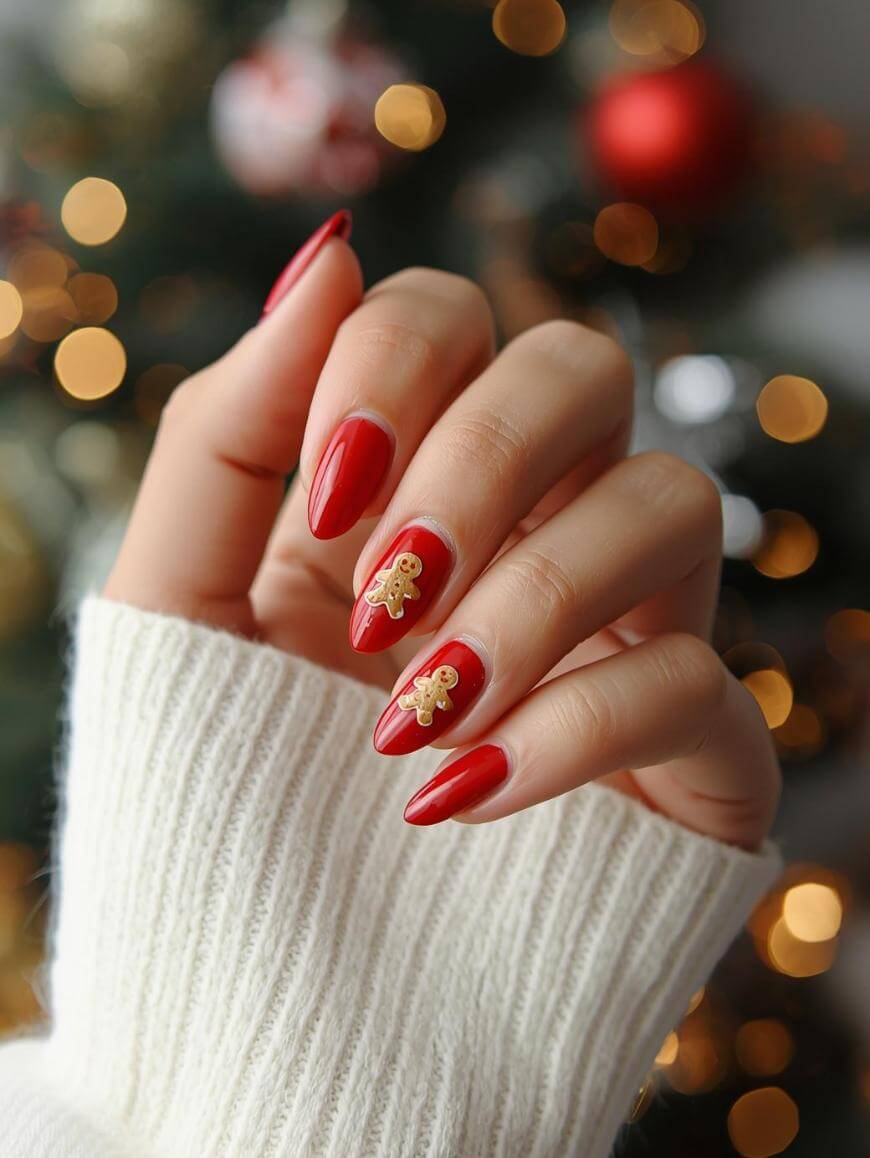 A hand with long, red, almond-shaped nails, featuring gingerbread man designs on the ring and middle fingers. The person is wearing a white sweater, with blurred Christmas lights in the background.