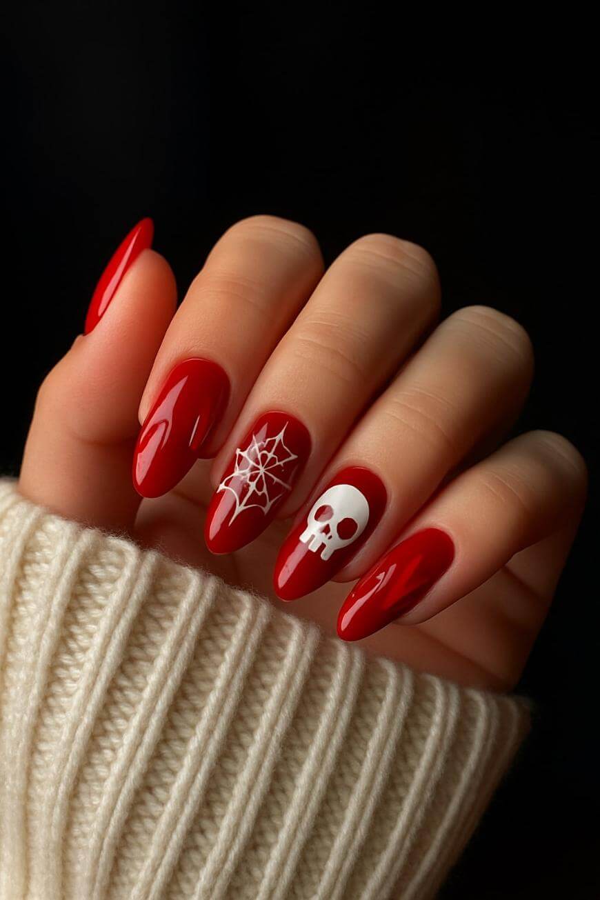 A hand with long, almond-shaped red nails; one nail features a white spiderweb design, and another shows a white skull. The person is wearing a cream knitted sweater.