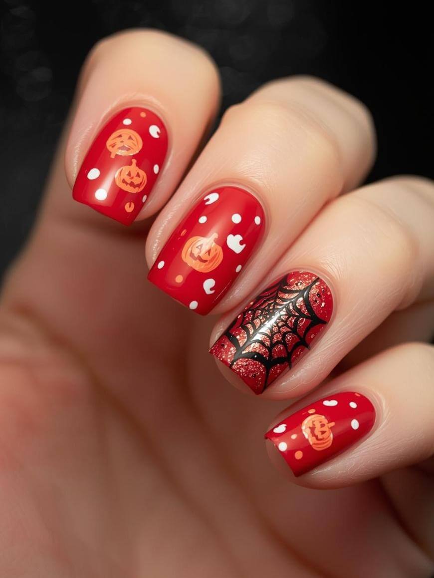 A hand with red Halloween-themed nail art featuring orange jack-o-lantern faces, white dots, and a black spiderweb design on the ring finger.
