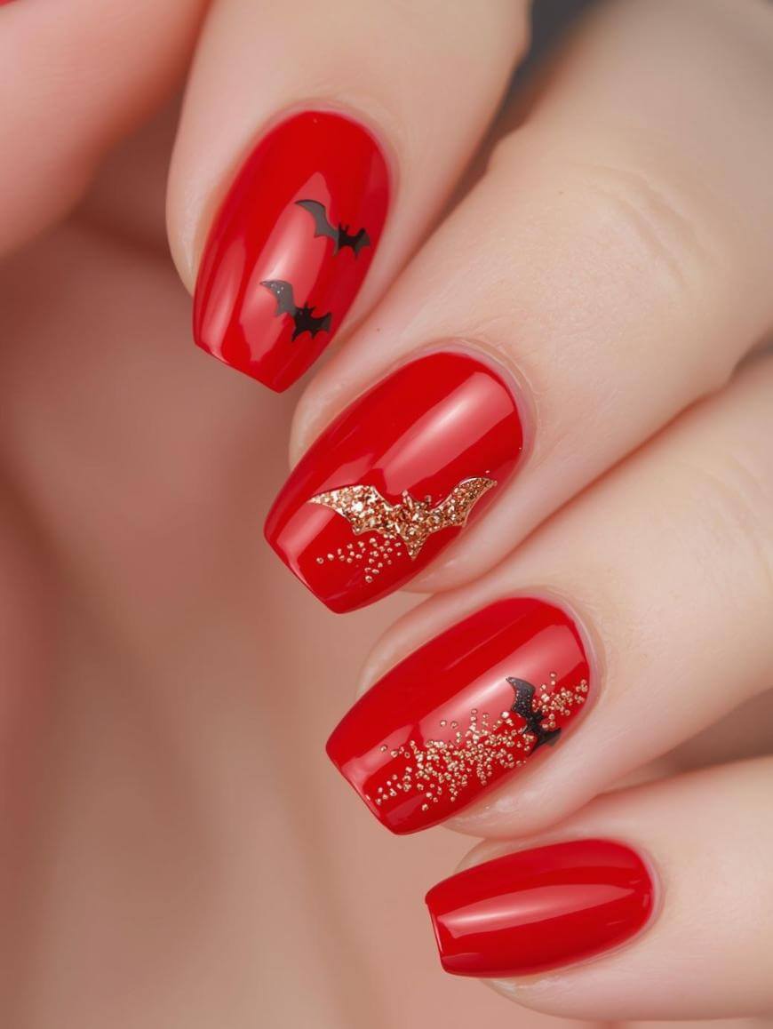 A hand with red painted nails featuring black and gold bat designs and gold glitter accents, creating a festive and bold look.